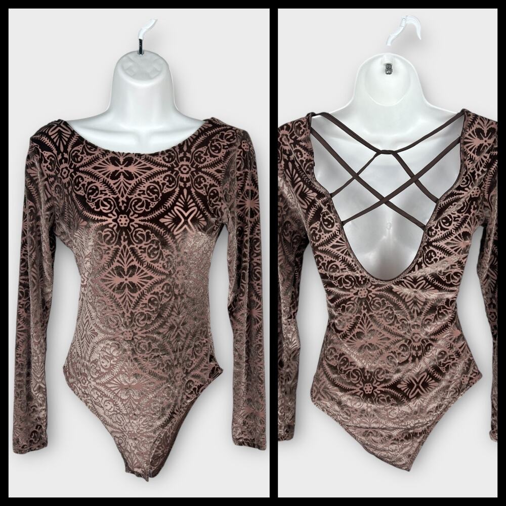 Charlotte Russe Brown Goth Gothic Long Sleeve Burnout Velvet Bodysuit Small‎